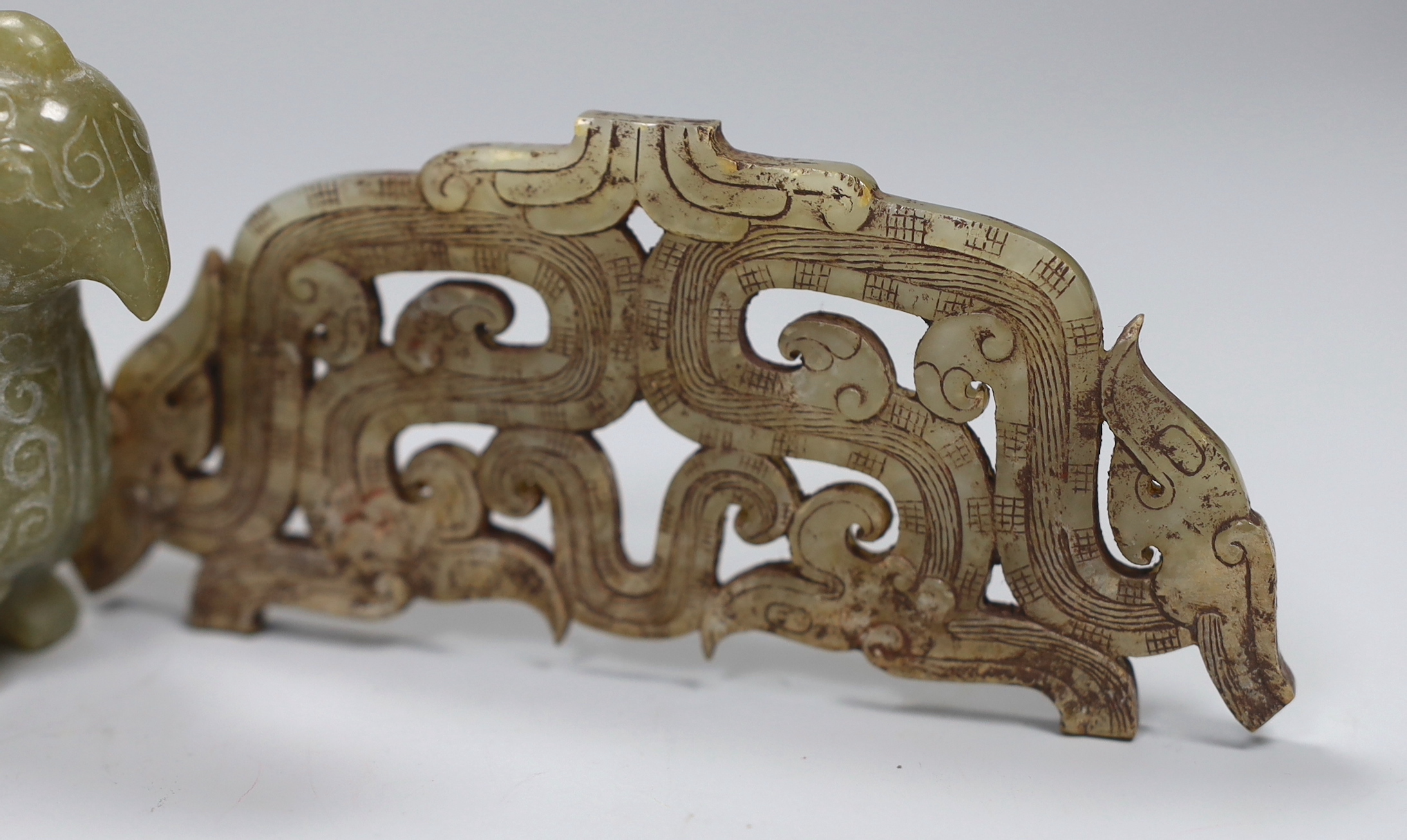 A Chinese archaistic jade plaque and an archaistic jade two figure group, plaque 13.4cm
